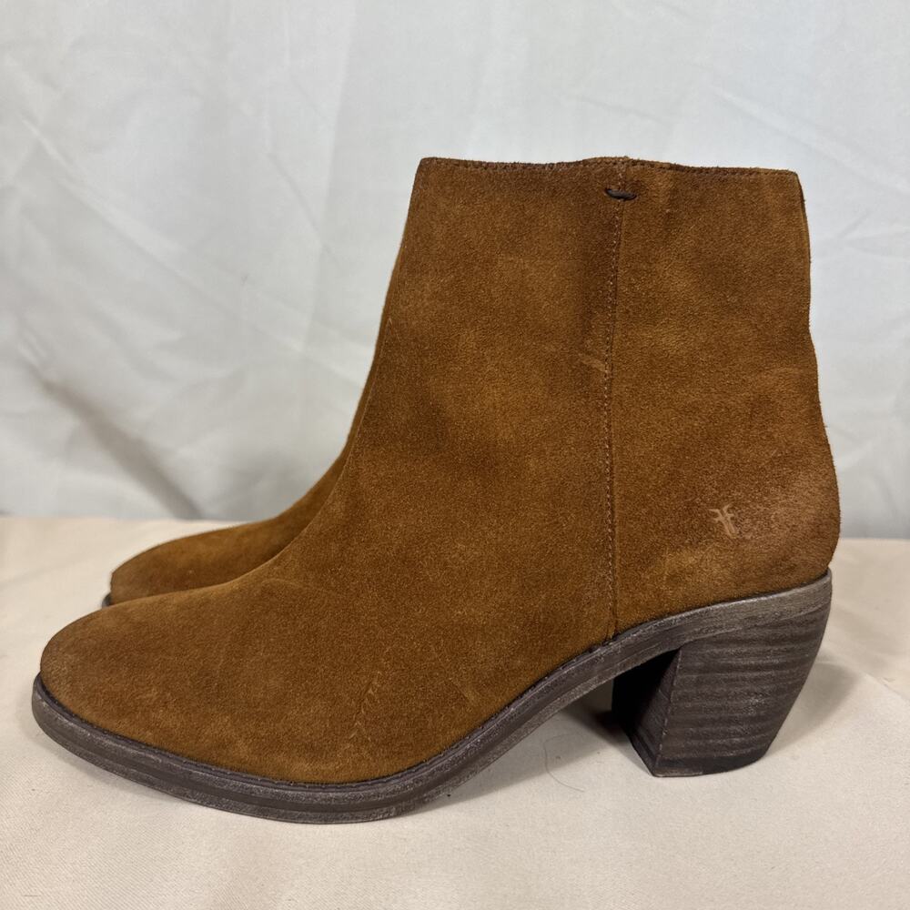 Frye Womens 9.5 B Brown Suede Ankle Boots Side Zip Block Heel Western Boho